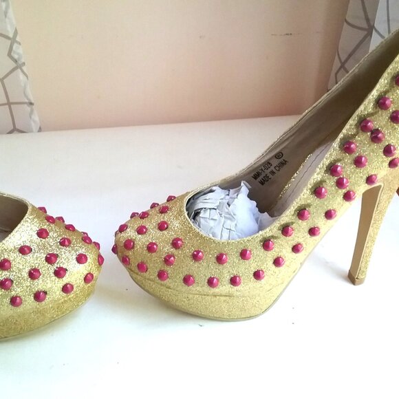 "Ami Clubwear" Size 6.5 Stripper Platform Pumps Heels Gold Sparkle, Pink Bubbles - Picture 8 of 15